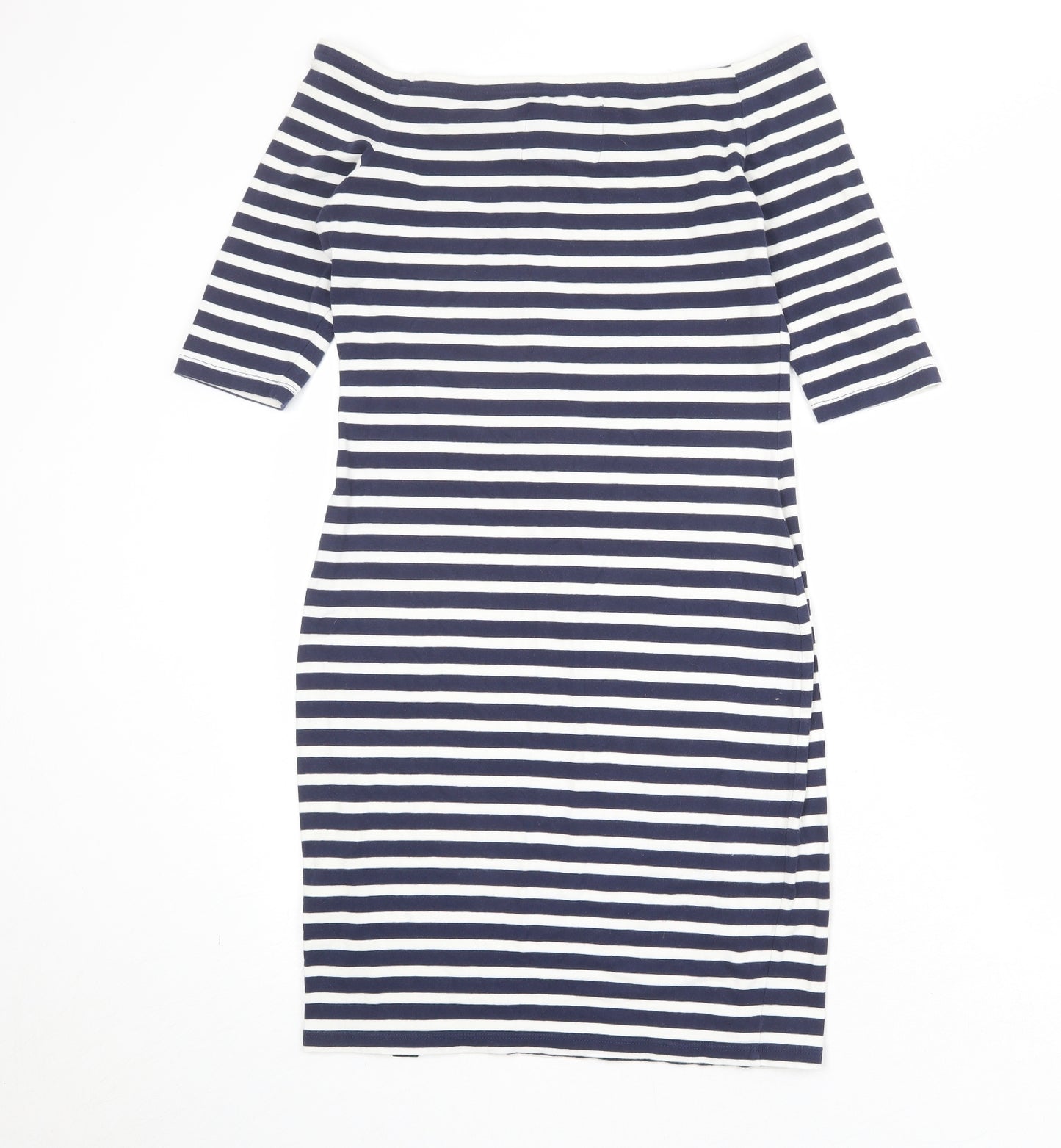 Superdry Womens Blue Striped Cotton Bodycon Size L Off the Shoulder Pullover