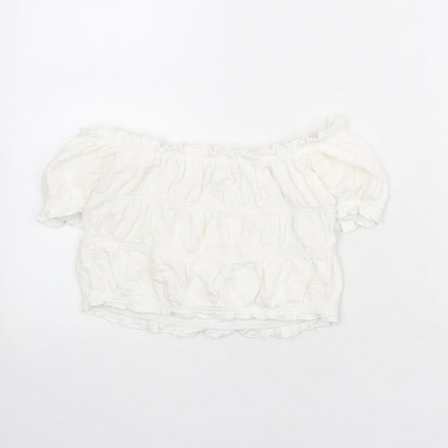 Zara Girls White Polyester Cropped Blouse Size 9-10 Years Off the Shoulder Pullover