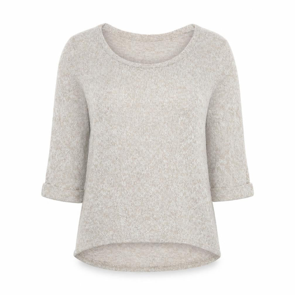 Front view of New Look women’s beige scoop neck acrylic jumper, size UK 12