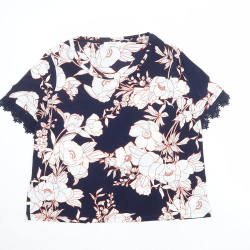 Classic Womens Blue Floral Polyester Basic Blouse Size 16 Round Neck
