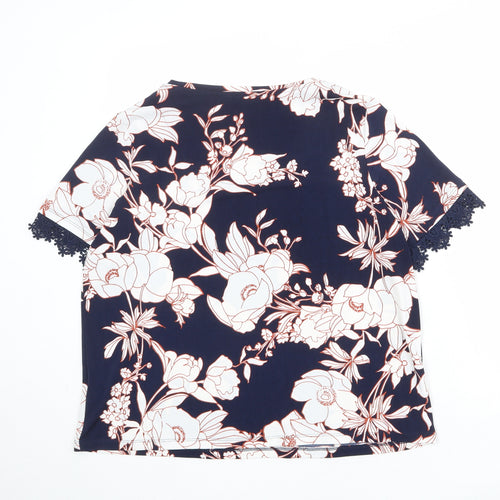 Classic Womens Blue Floral Polyester Basic Blouse Size 16 Round Neck