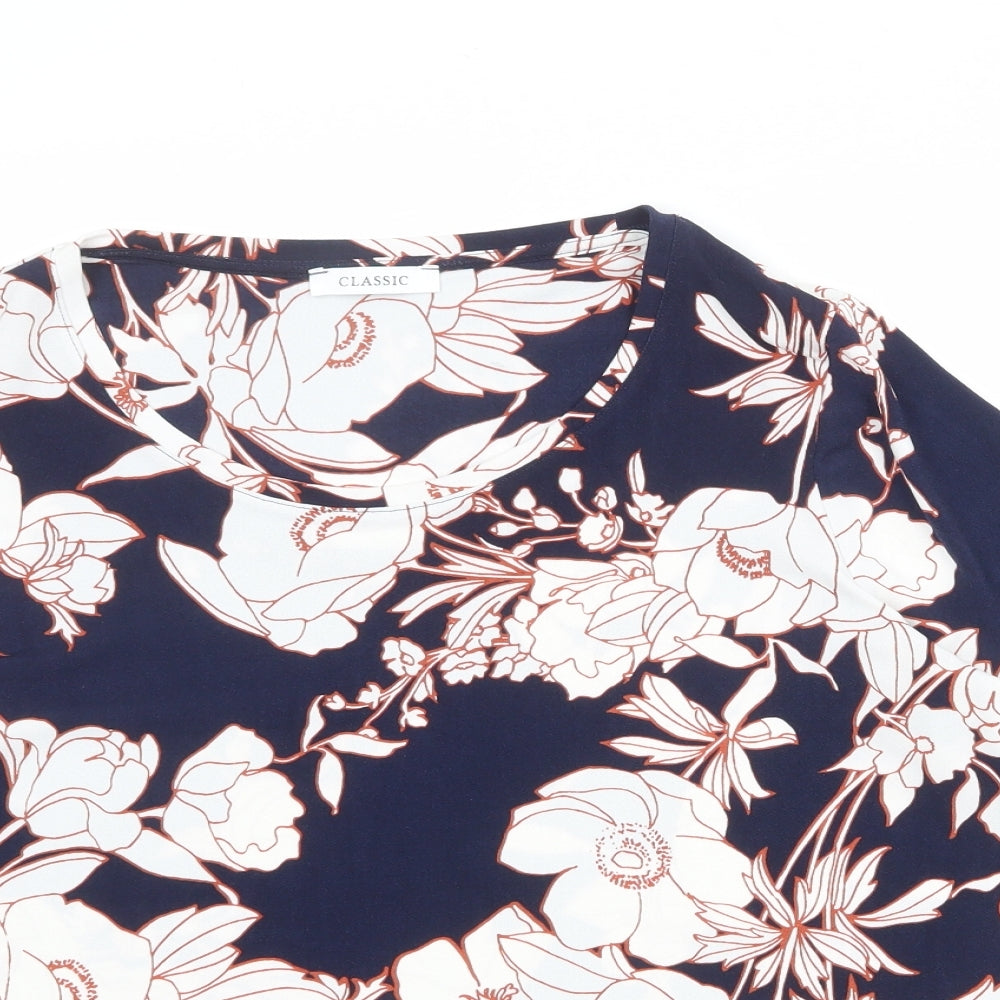 Classic Womens Blue Floral Polyester Basic Blouse Size 16 Round Neck