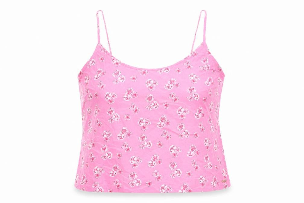 Front view of Marks & Spencer women’s pink floral viscose basic tank, size UK 16, round neck