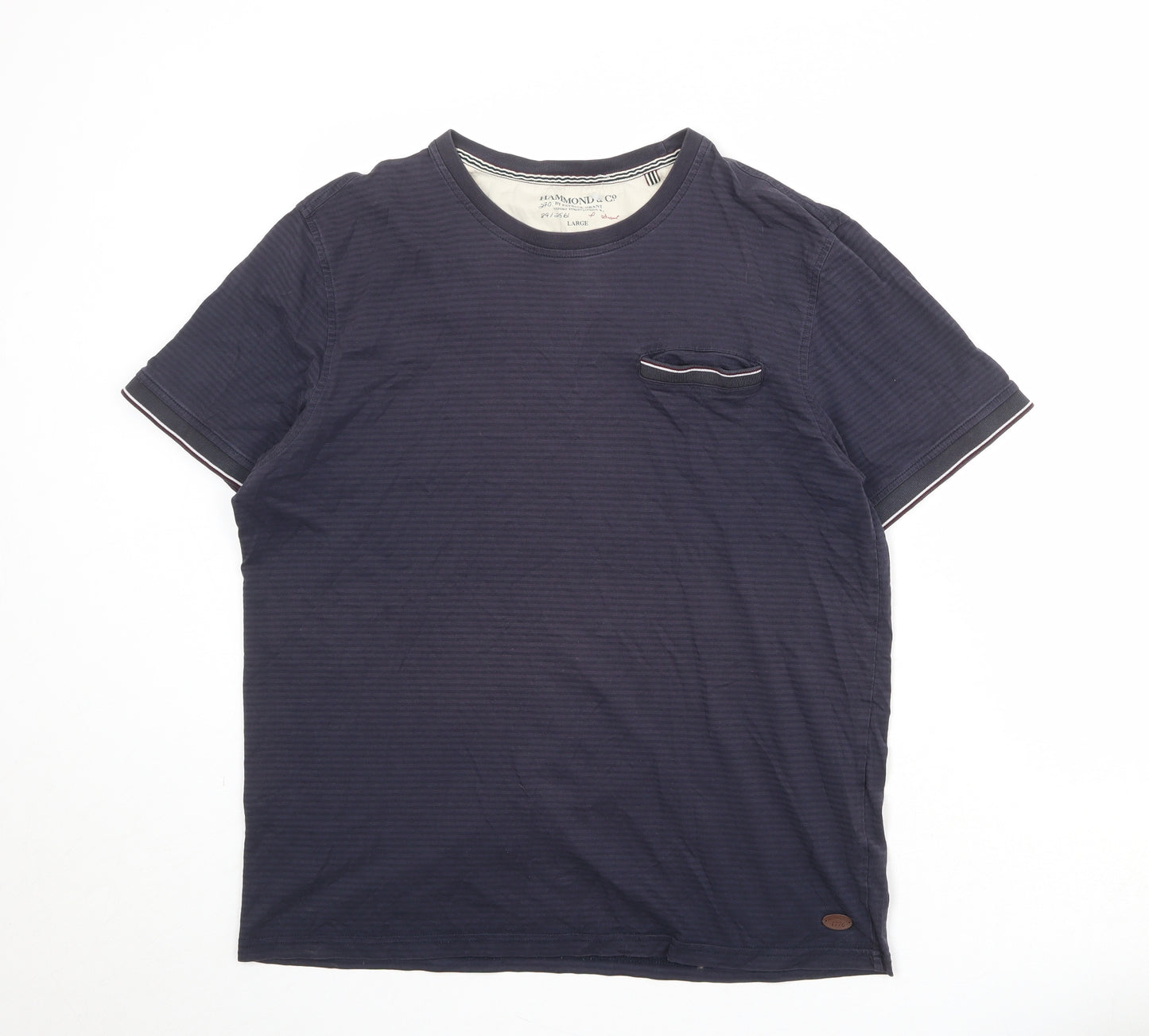 Hammond & Co Mens Blue Striped Cotton T-Shirt Size L Round Neck