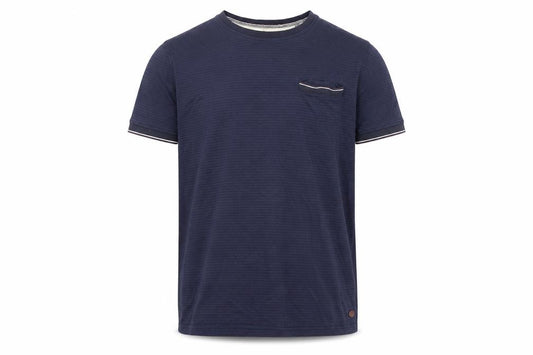 Front view of Hammond & Co men’s blue striped cotton t-shirt, size L, round neck
