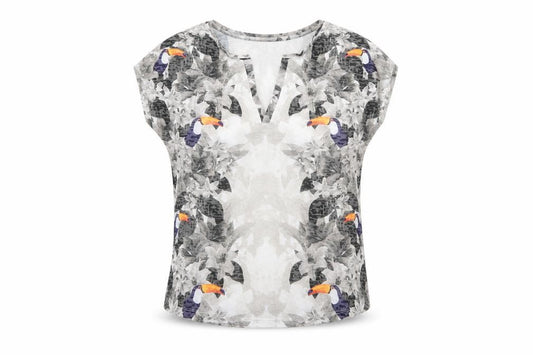 Front view of Next women’s multicoloured floral polyester basic t-shirt, size UK 8, v-neck