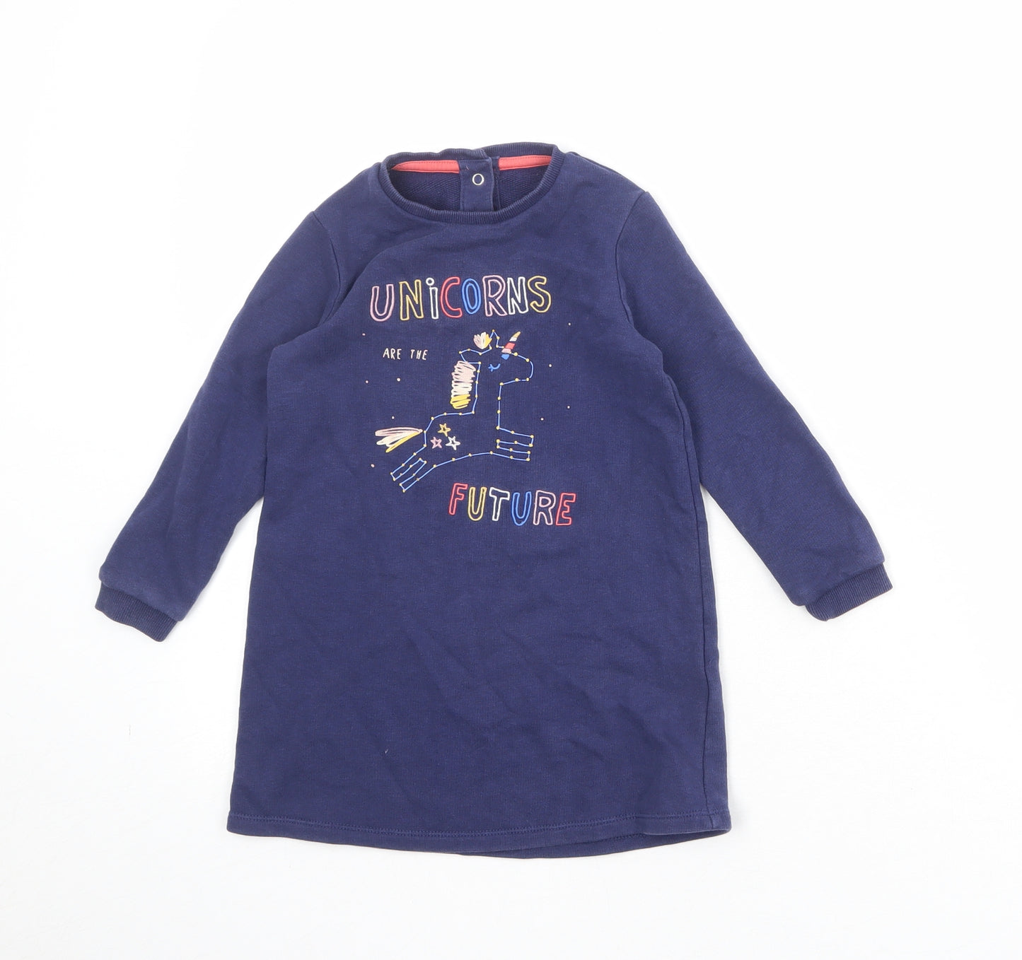 Marks and Spencer Girls Blue Cotton Jumper Dress Size 2-3 Years Round Neck Snap - Unicorns Are The Future