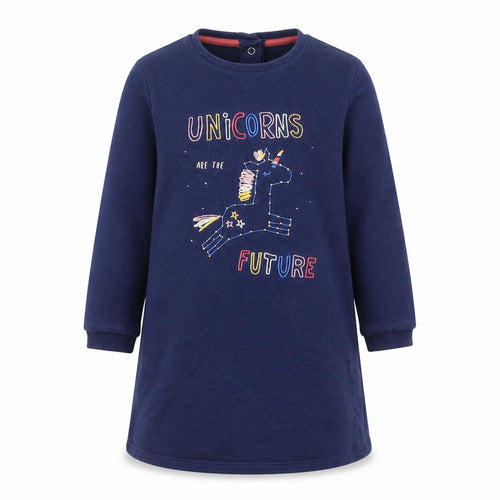 Marks and Spencer Girls Blue Cotton Jumper Dress Size 2-3 Years Round Neck Snap - Unicorns Are The Future