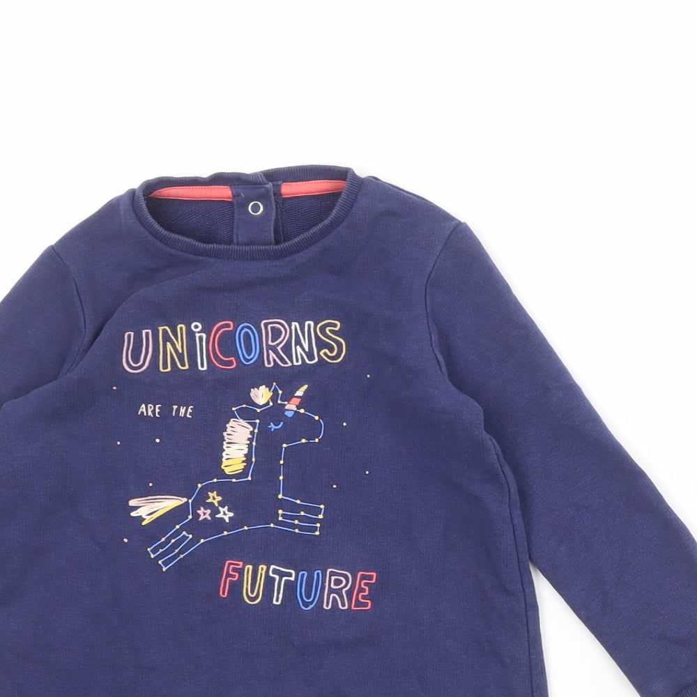 Marks and Spencer Girls Blue Cotton Jumper Dress Size 2-3 Years Round Neck Snap - Unicorns Are The Future