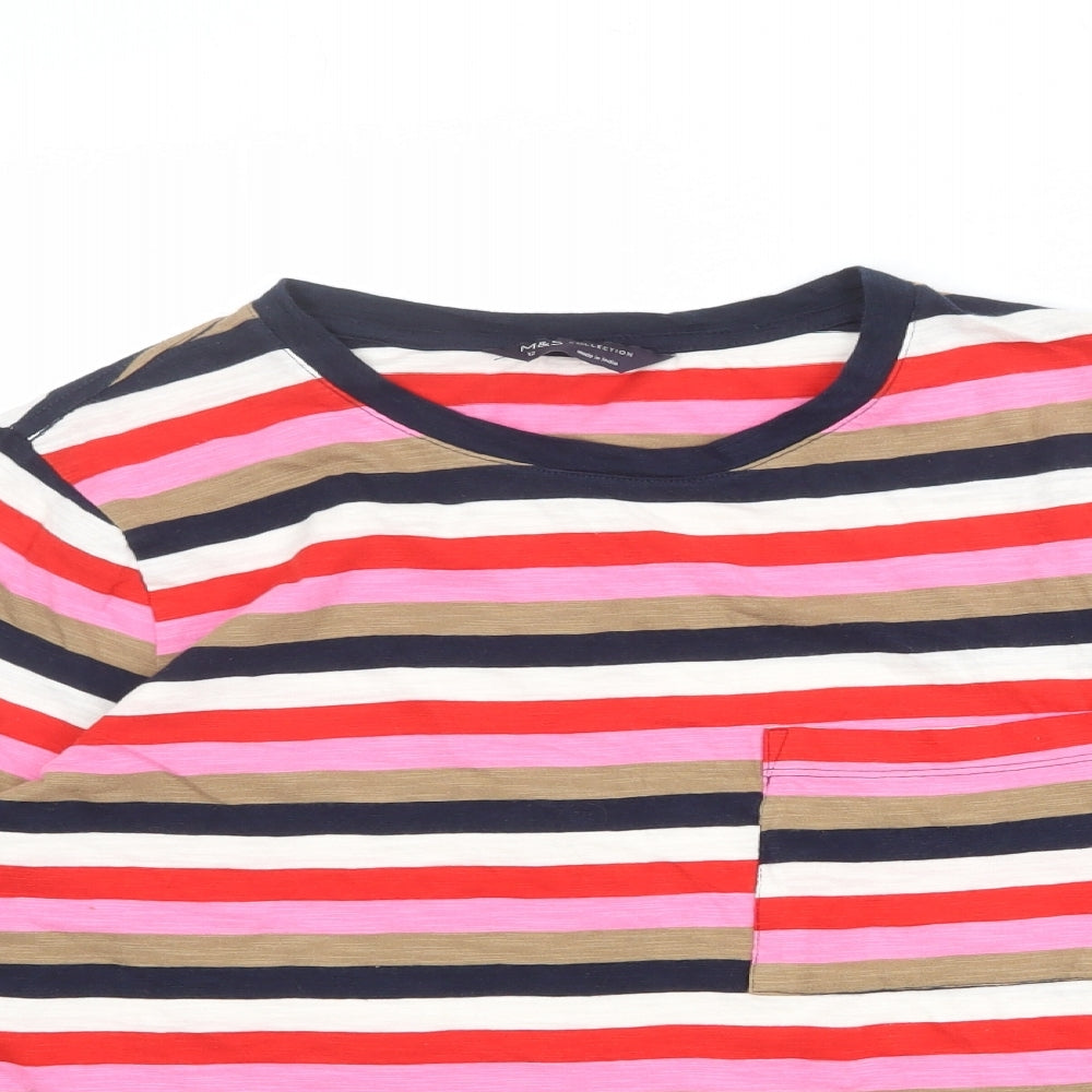 Marks and Spencer Womens Multicoloured Striped 100% Cotton Basic T-Shirt Size 12 Round Neck