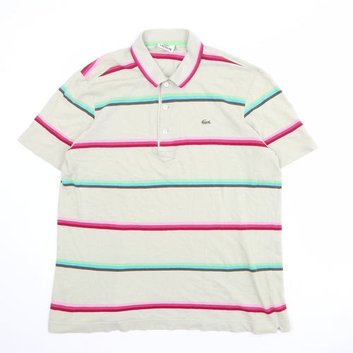 Lacoste Mens Beige Striped 100% Cotton Polo Size XL Collared Button