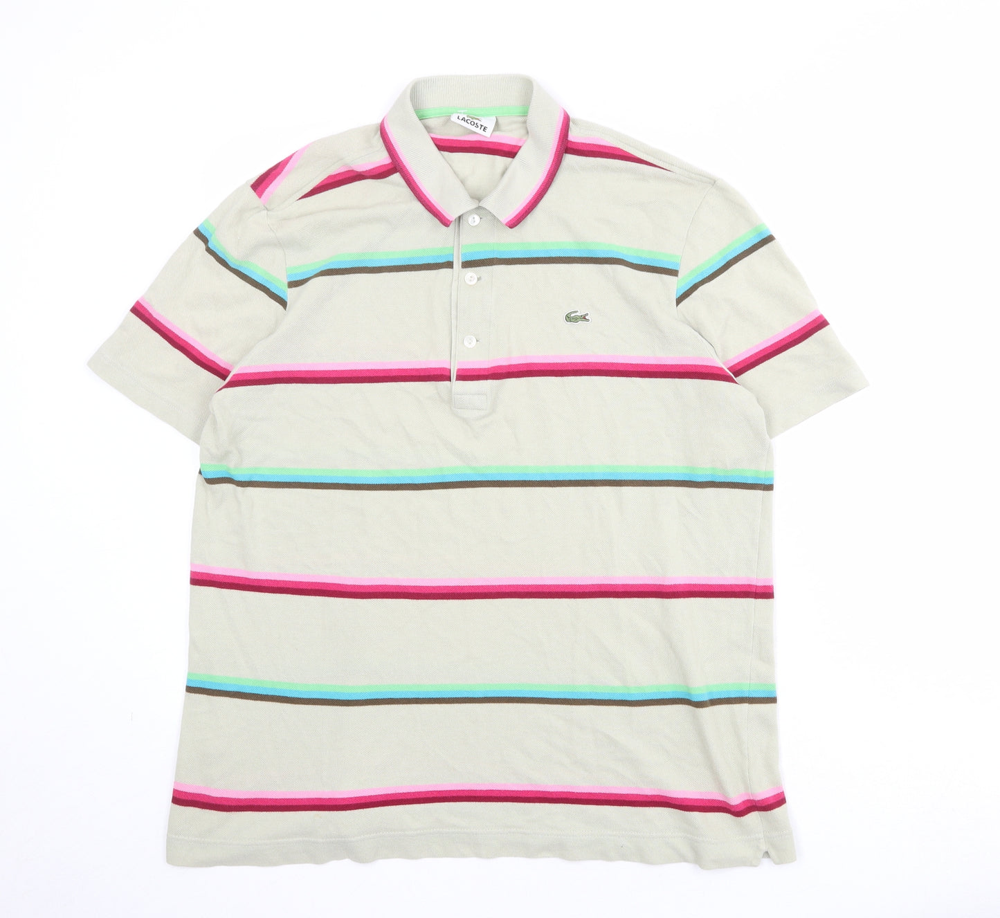 Lacoste Mens Beige Striped 100% Cotton Polo Size XL Collared Button