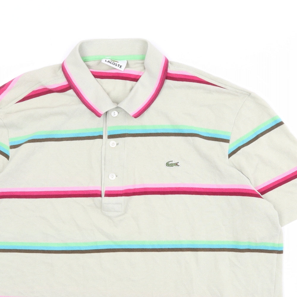 Lacoste Mens Beige Striped 100% Cotton Polo Size XL Collared Button