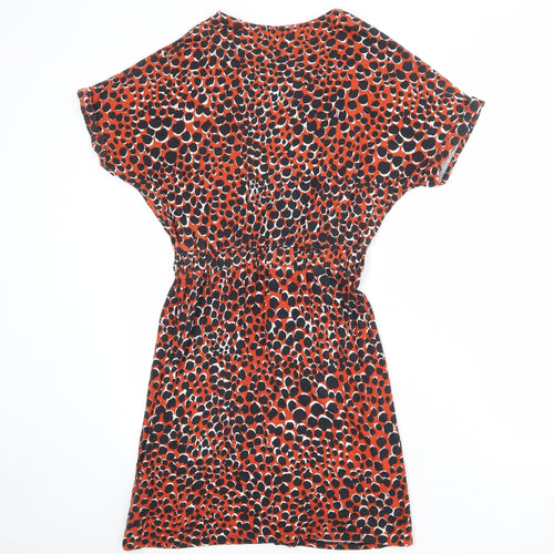 Warehouse Womens Orange Animal Print Viscose T-Shirt Dress Size 6 Round Neck Pullover - Cheetah Pattern