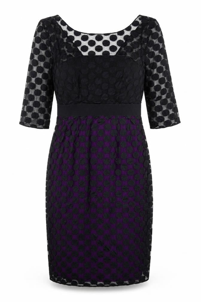 Front view of Gina Bacconi women’s black polka dot polyamide shift, size UK 8, round neck zip