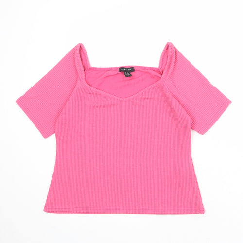 New Look Womens Pink Polyester Basic T-Shirt Size 16 V-Neck
