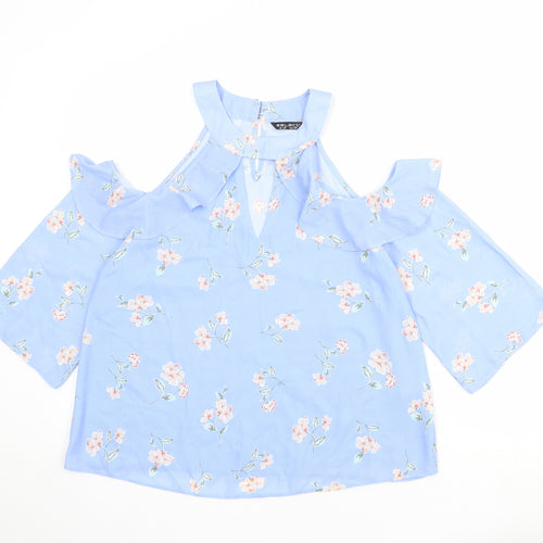 Select Womens Blue Floral Polyester Basic Blouse Size 12 Round Neck - Cold Shoulder
