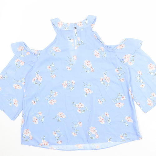 Select Womens Blue Floral Polyester Basic Blouse Size 12 Round Neck - Cold Shoulder
