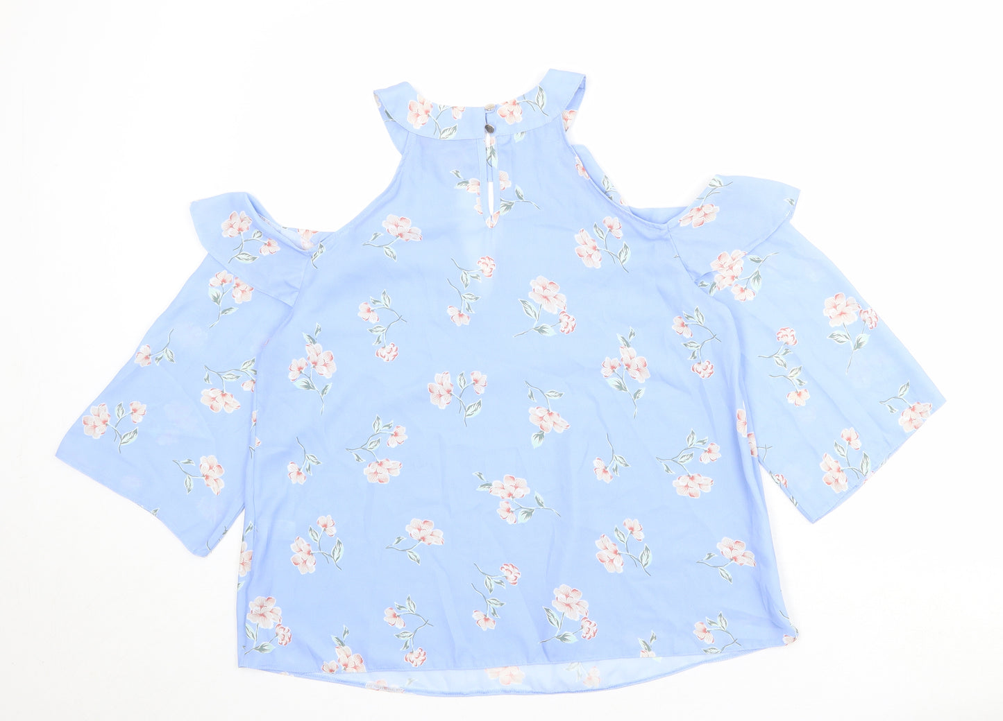 Select Womens Blue Floral Polyester Basic Blouse Size 12 Round Neck - Cold Shoulder