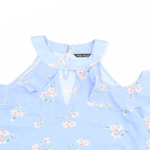 Select Womens Blue Floral Polyester Basic Blouse Size 12 Round Neck - Cold Shoulder