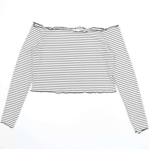 The Rockn Rev Womens White Striped Polyester Cropped Blouse Size 14 Off the Shoulder - Lettuce Hem