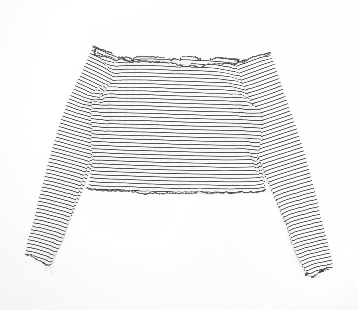 The Rockn Rev Womens White Striped Polyester Cropped Blouse Size 14 Off the Shoulder - Lettuce Hem