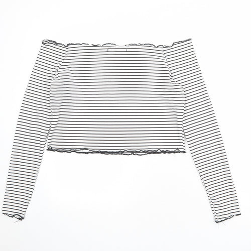 The Rockn Rev Womens White Striped Polyester Cropped Blouse Size 14 Off the Shoulder - Lettuce Hem