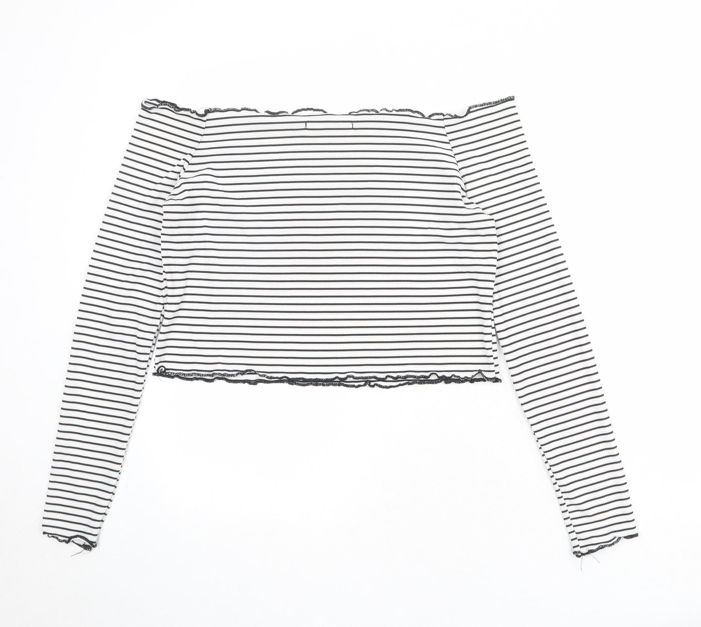 The Rockn Rev Womens White Striped Polyester Cropped Blouse Size 14 Off the Shoulder - Lettuce Hem