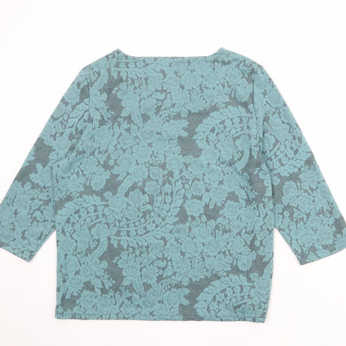 EWM Womens Blue Floral Polyester Basic T-Shirt Size 18 V-Neck