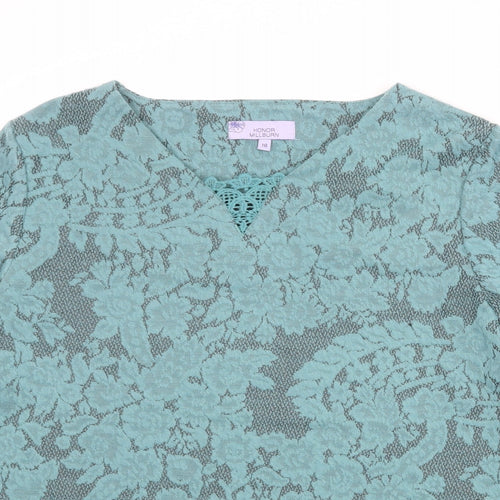EWM Womens Blue Floral Polyester Basic T-Shirt Size 18 V-Neck