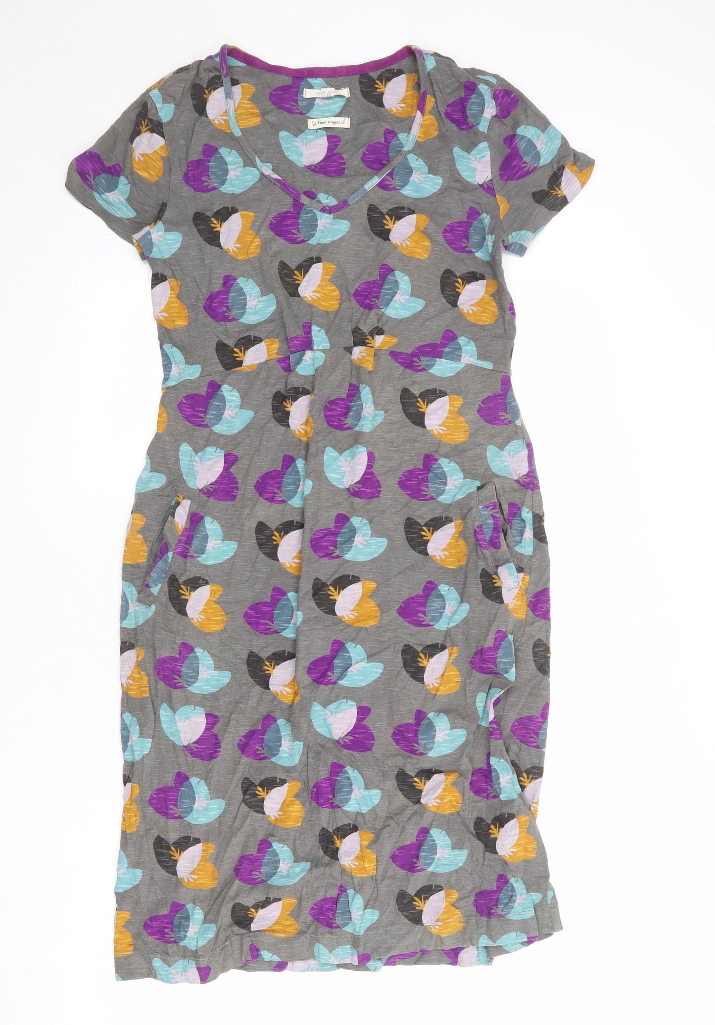 White Stuff Womens Grey Geometric 100% Cotton A-Line Size 10 V-Neck Pullover