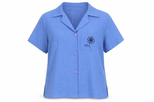 Front view of Damart women’s blue polyester basic button-up, size UK 16, collared - flower