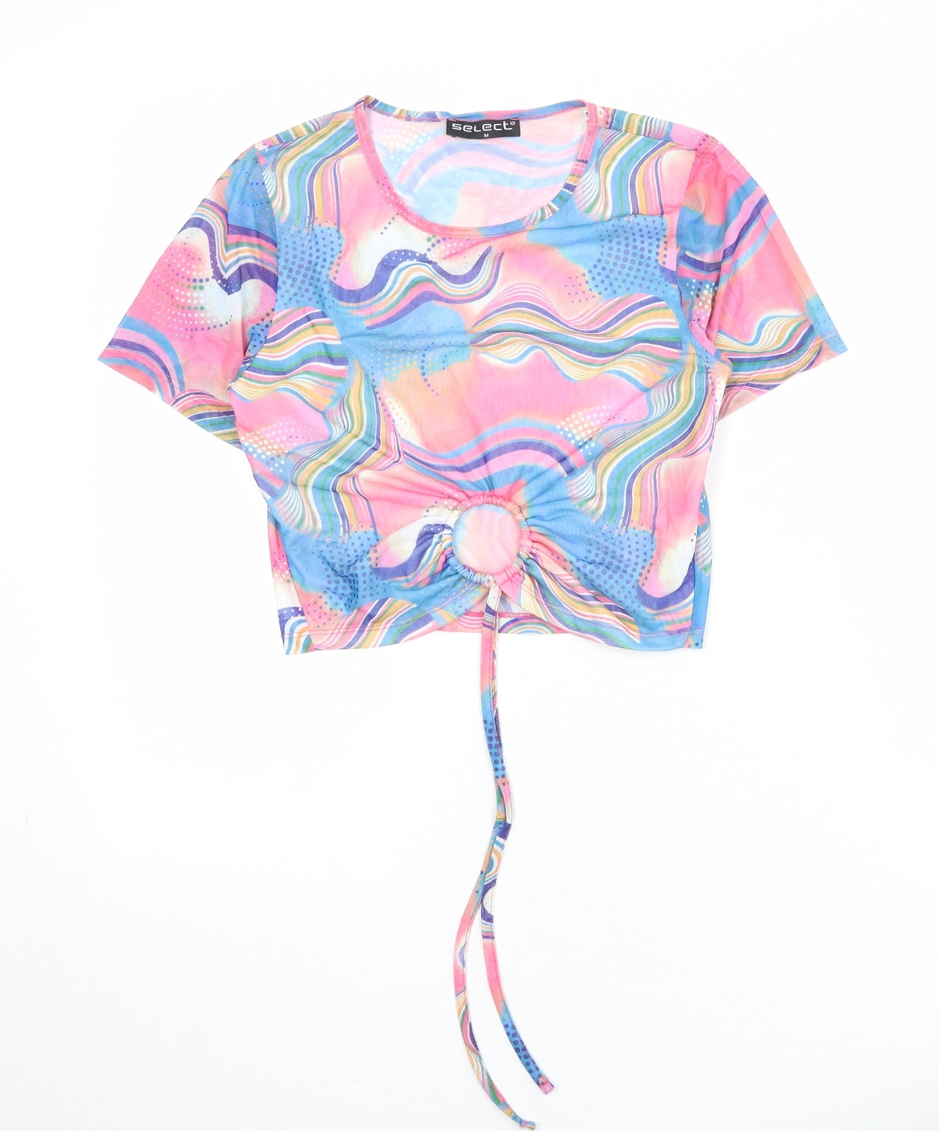 Select Womens Multicoloured Geometric Polyester Cropped T-Shirt Size M Round Neck - Ring Detail