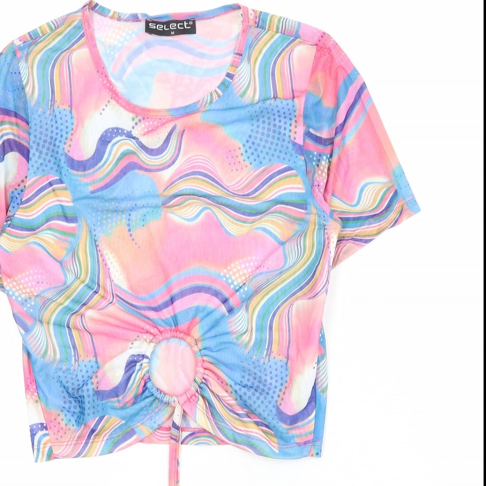 Select Womens Multicoloured Geometric Polyester Cropped T-Shirt Size M Round Neck - Ring Detail