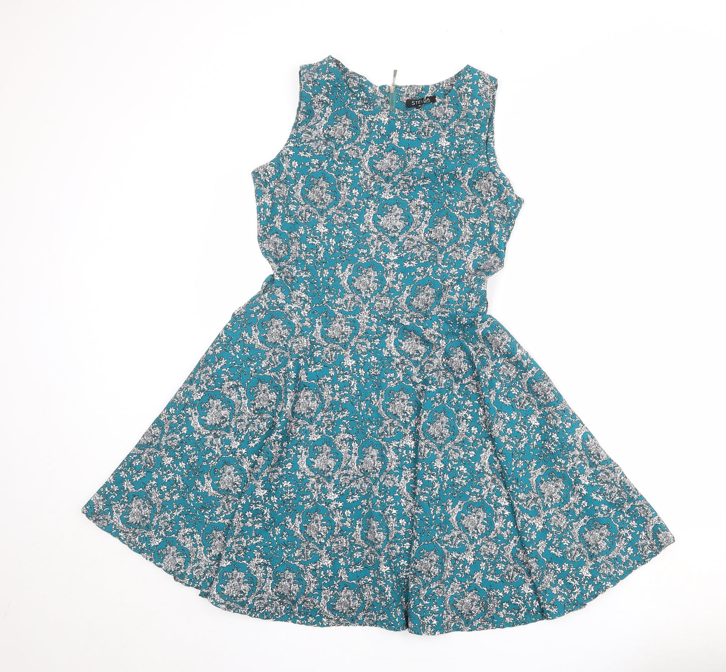 Stella Womens Blue Geometric Polyester Fit & Flare Size 10 Round Neck Zip