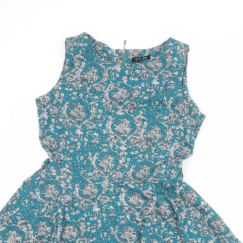 Stella Womens Blue Geometric Polyester Fit & Flare Size 10 Round Neck Zip