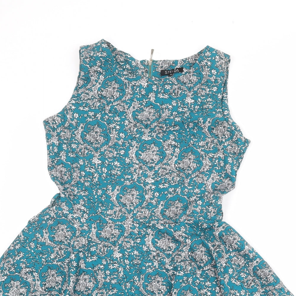 Stella Womens Blue Geometric Polyester Fit & Flare Size 10 Round Neck Zip