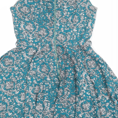 Stella Womens Blue Geometric Polyester Fit & Flare Size 10 Round Neck Zip