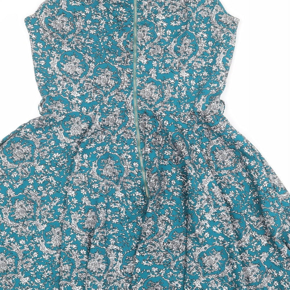 Stella Womens Blue Geometric Polyester Fit & Flare Size 10 Round Neck Zip