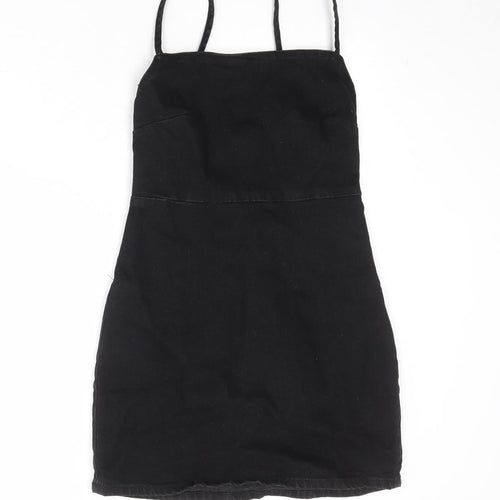 Zara Womens Black Cotton Slip Dress Size S Square Neck Zip