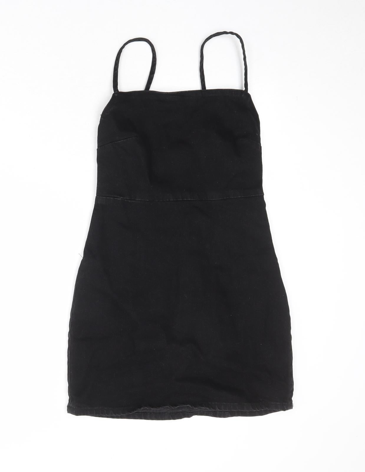 Zara Womens Black Cotton Slip Dress Size S Square Neck Zip