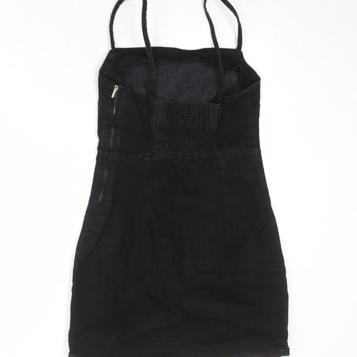 Zara Womens Black Cotton Slip Dress Size S Square Neck Zip