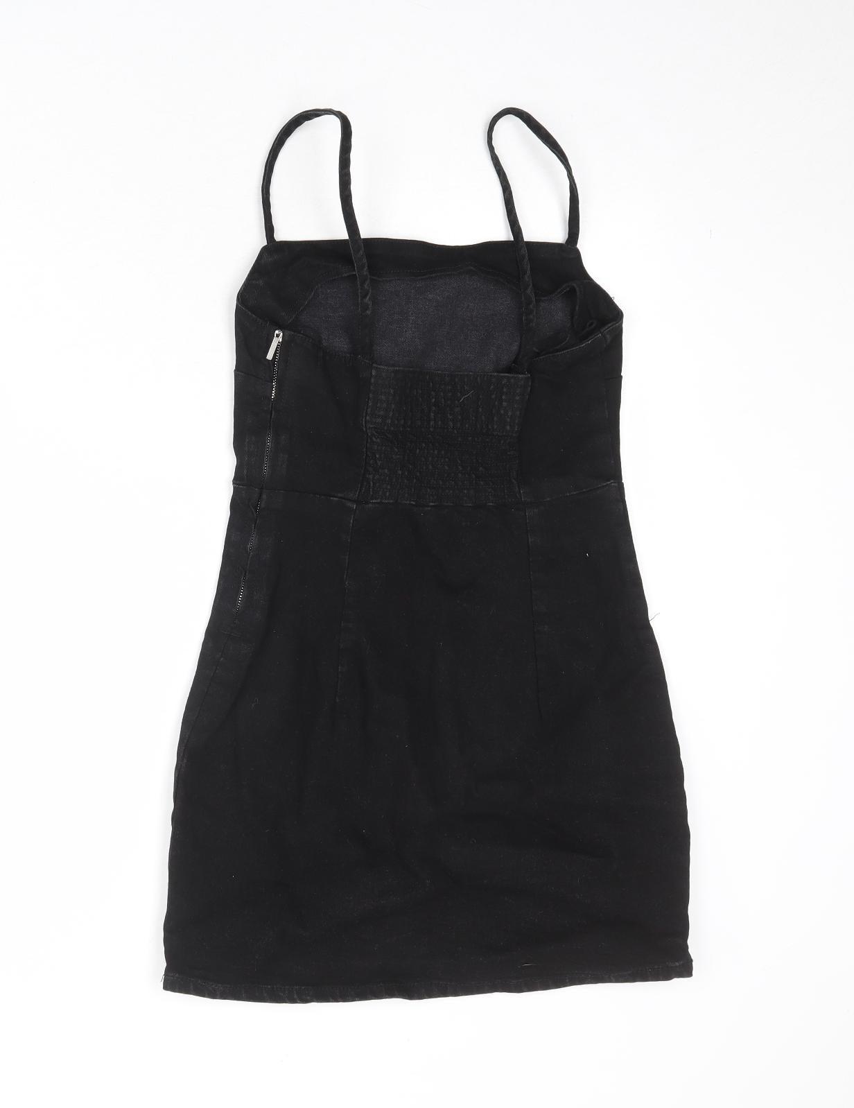 Zara Womens Black Cotton Slip Dress Size S Square Neck Zip
