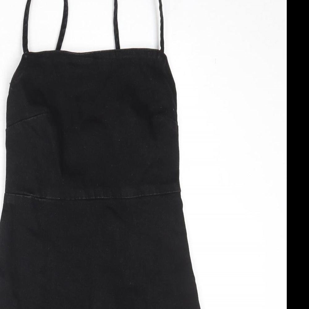 Zara Womens Black Cotton Slip Dress Size S Square Neck Zip