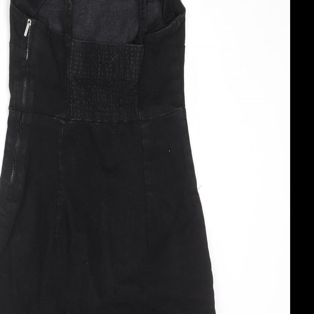 Zara Womens Black Cotton Slip Dress Size S Square Neck Zip