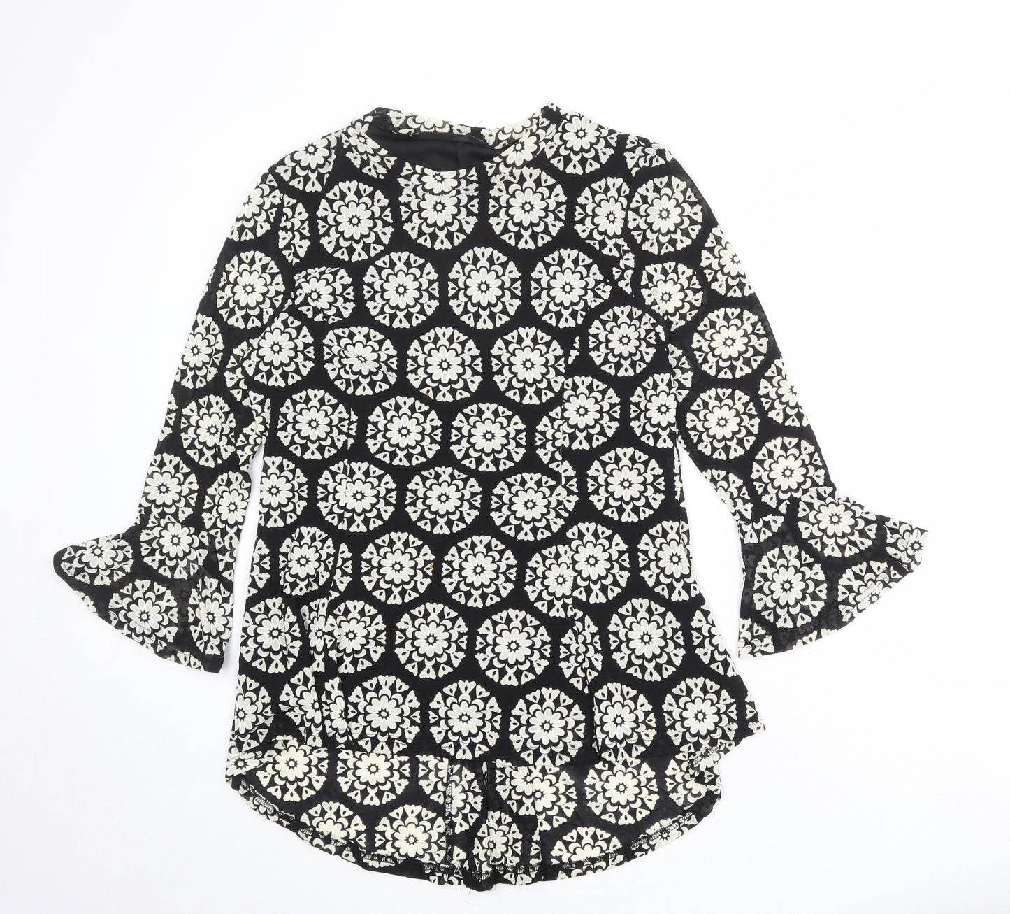 Izabel London Womens Black Geometric Nylon Basic Blouse Size 14 Round Neck