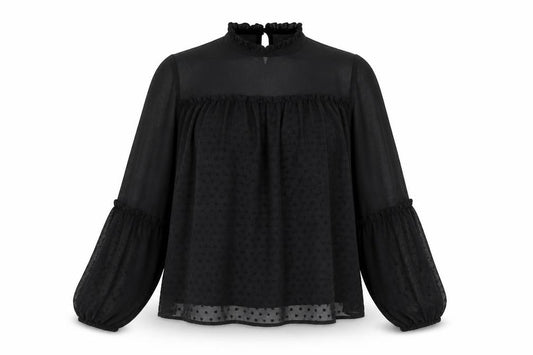 Front view of ASOS women’s black polka dot polyester basic blouse, size UK 10, round neck