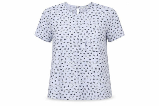 Front view of Pieces women’s blue geometric viscose basic blouse, size M, round neck