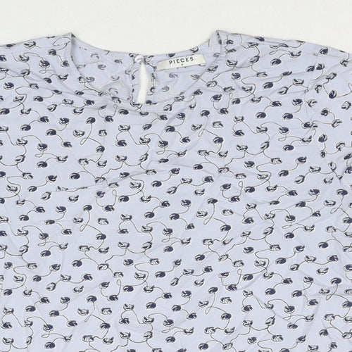 Pieces Womens Blue Geometric Viscose Basic Blouse Size M Round Neck