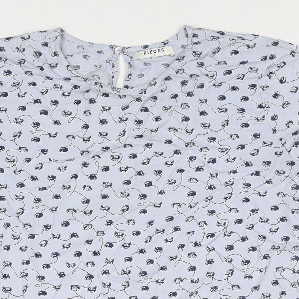 Pieces Womens Blue Geometric Viscose Basic Blouse Size M Round Neck